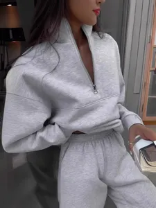 Women Casual Solid Color Long Sleeve Half Zipper Sweatshirt Drawstring Pants Top And Bottom Elegant Tracksuit