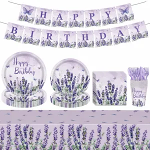 Lavender Butterfly Party Tableware Paper Plates Cups Napkins Tablecloth Banner Birthday Party Supplies