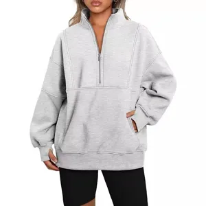 Women Sweatshirt Casual Half Zip Polo Collar Long Sleeve Fleece Lined Loose Patchwork Pullover Top For Daily Wear