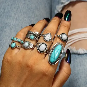 Vintage Turkoois Inleg Gesneden Veer Ring Set Boho Verzilverde Legering Ringen Voor Vrouwen Mode Sieraden