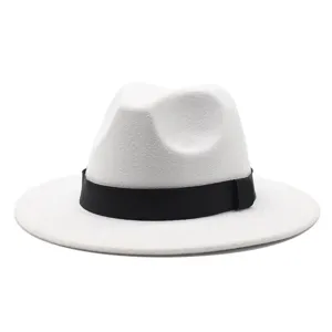 Fedora Hat Woolen Felt Wide Brim Panama Jazz Hat With Black Ribbon For Men Women British Style Solid Color Retro Autumn