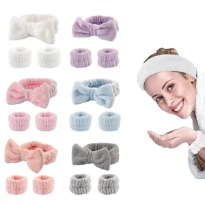 Women Soft Coral Fleece Headband And Wristband Spa Facewash Head Band Cute Bow Hair Accessories Makeup Skincare Sweatbands Set
