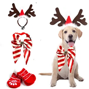 Weihnachten Haustier Deko Set Hund Katze Geweih Haarreif Fliege Socken Verstellbar Festliche Feiertagszubehör
