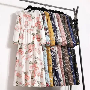 Damen Böhmisch Blumenmuster Langarm Kleid Lässige Lose Taille U-Ausschnitt Maxi Kleid Für Strand Urlaub Mode