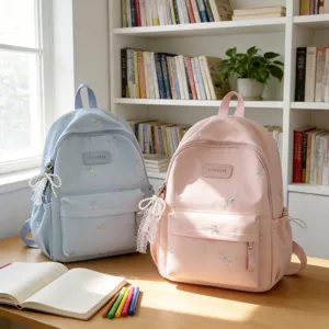 Girls School Backpack Large Capacity Bookbag With Bow Embroidery And Pearl Pendant Cute Casual Daypack For Students
