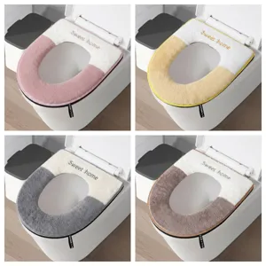 Einfacher WC-Sitzbezug Mit Kaninchenfell-Imitat Patchwork Reißverschluss Gestickt Wasserdicht Plüsch Toilettenmatte Für Den Winter