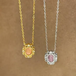 French Style Cat Eye Stone Lace Floral Pendant Necklace Stainless Steel Zircon Gold Silver Choker Jewelry Gift