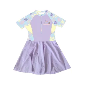 Girls Long Sleeve One Piece Swimsuit With Matching Sun Hat Cartoon Mermaid Shell Print Ruffle Princess Swimwear For Kids Beach Pool