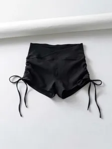 Pantalones Cortos de Yoga para Mujer Cintura Alta Cruzada Levanta Cola Cordón Plisado Fitness Gimnasio Deporte Shorts de Elastano