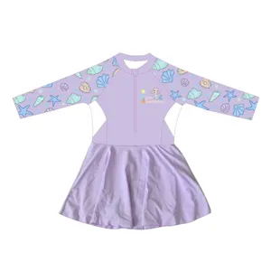 Maillot de Bain Une Pièce à Manches Longues pour Filles Motif Sirène Dessin Animé Nœud Décor Robe à Volants pour Enfants Plage Piscine