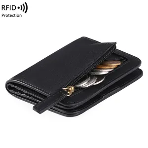 Women Short Bifold Wallet PU Leather RFID Blocking Multi Card Slots ID Window Zipper Coin Purse Small Slim