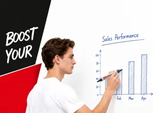 Un homme trace un graphique des ventes sur un tableau blanc avec un marqueur rouge et noir.