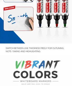 Quatre marqueurs aux pointes bleue, noire, rouge et verte près d’une démonstration d’écriture effaçable