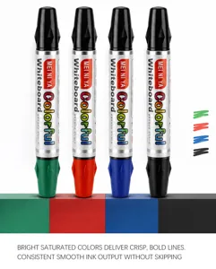 Quatre marqueurs à capuchons noirs et pointes biseautées colorées, alignés sur des aplats assortis