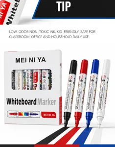 Quatre marqueurs de tableau blanc noirs, rouges, bleus et blancs sont alignés près de leur boîte