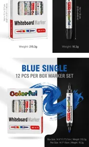 Détail d’un coffret de 12 marqueurs pour tableau blanc, avec corps argentés et doubles pointes