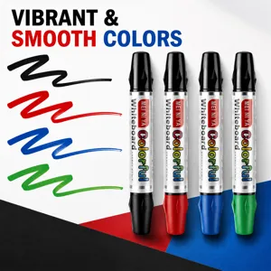 Quatre marqueurs pour tableau blanc à double pointe, noir, rouge, bleu et vert, avec traits assortis