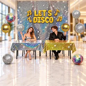 Disco Party Decorations Holographic Laser Tablecloth Foil Fringe Curtain 4D Balloons For Birthday Christmas Bar Decor