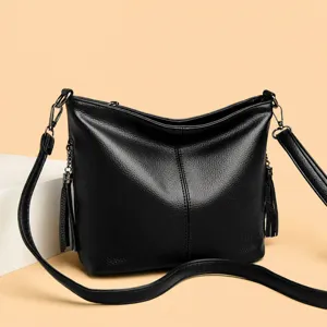 Women's Leather Bucket Bag Casual Tassel Shoulder Messenger Bag Large Capacity Stylish Handbag For Daily Commute
