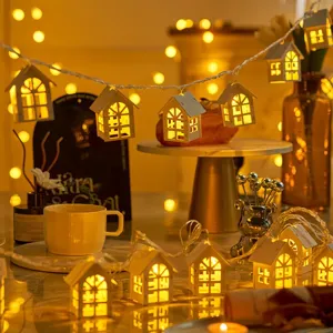 Wooden House LED String Lights Warm White Glow Hollow Deer Star Design Christmas Holiday Party Room Decor Festive