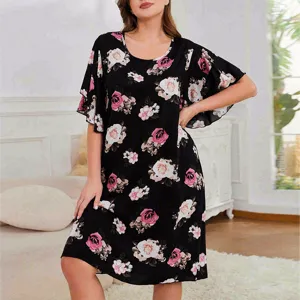 Plus Size Women Summer Floral Viscose Nightgown Loose Short Sleeve Casual Sleep Dress Comfort Sleepwear