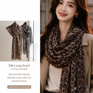 Women's Mulberry Silk Leopard Print Long Scarf Fashion Lightweight Breathable Gauze Scarf Travel Shawl Retro Accessories