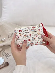 Trousse De Maquillage En Coton Matelassé Petit Sac Cosmétique Portable Organisateur À Fermeture Éclair Avec Tirette Tressée