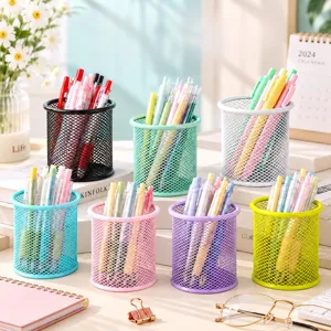 Porte-Stylo en Grille Métallique Minimaliste Rond Carré Organisateur de Bureau Fournitures Scolaires Pot à Crayons en Fil de Fer