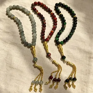 Bracciale Tasbih Mediorientale Grani di Preghiera in Vetro Texture Marmo Lega Nappa a Goccia d'Acqua Gioielli Etnici Fatti a Mano Unisex