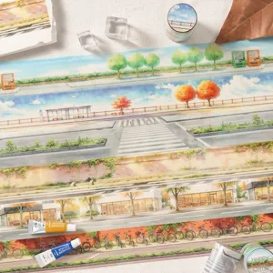 Watercolor Street View PET Masking Tape Healing Scenery Washi Tape For Journaling Scrapbooking DIY Decorative Stickers Art Supplies