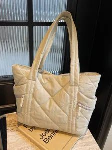 Women Quilted Tote Bag Large Capacity Rhombic Pattern Canvas Padded Shoulder Bag Fashion Commuting Single Shoulder Bag