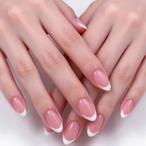 French Style Pink White Press On Nails Almond Shape Short False Nails With Adhesive Tabs For Women Beauty Decoration
