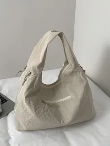 Women Large Capacity Nylon Tote Bag Japanese Minimalist Pleated Shoulder Bag Casual Commuting Underarm Bag Urban Lightweight Handbag