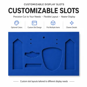 Flat lay of a blue foam insert with precise custom-cut slots for displaying assorted items