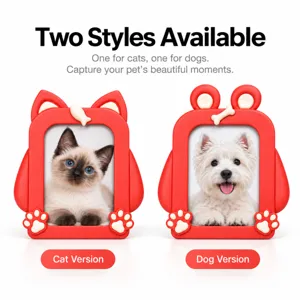 Two red pet photo frames in cat and dog styles, with paw and bone details on a white background