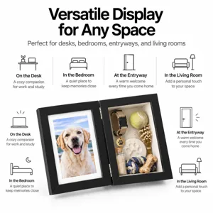 Open black display frame showing a dog photo beside a lined keepsake compartment with pet mementos