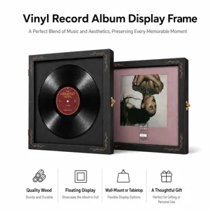 Two black display frames show a vinyl record and album cover against pink velvet backing