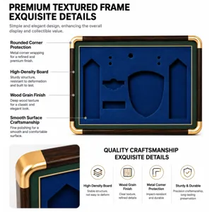 Detail of a dark wood-grain frame with gold corner guards and blue velvet display compartments