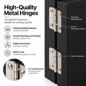 Close-up of brushed silver metal hinges with Phillips screws mounted on a black display box