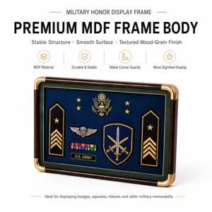 Military display frame detail with blue velvet backing, gold corner guards and arranged insignia