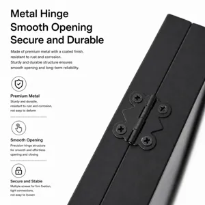 Close-up of a black coated metal hinge with four cross-head screws on a display frame