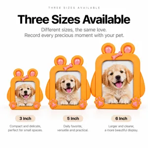 Three orange pet photo frames in 3, 5, and 6 inch sizes, with puppy photos and paw details