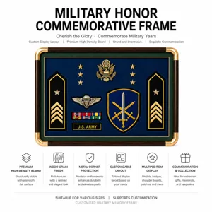 Front view of military badges and shoulder insignia on navy velvet, framed with gold trim