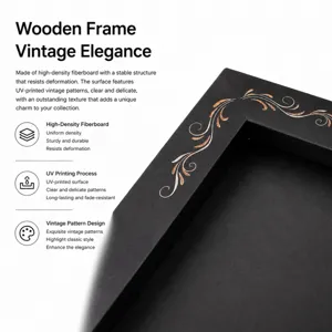 Close-up of a black frame corner with copper-toned vintage vine patterns printed on the surface