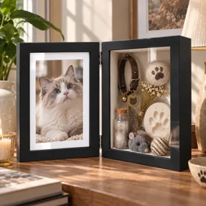 Open black frame displaying a cat portrait beside a glass keepsake box with pet mementos