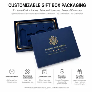 Navy blue gift box with velvet lining, gold trim and slots for displaying military memorabilia