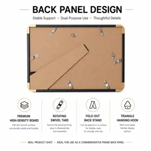 Rear view of a brown backing board with swivel tabs, fold-out stand, and triangle hanging hook