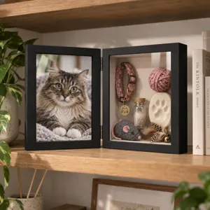 Open black frame with a cat portrait beside a glass case displaying pet keepsakes and toys