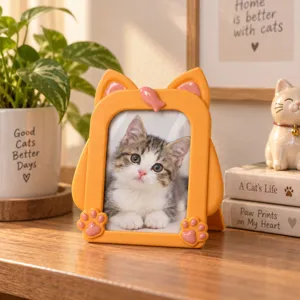 Orange cat-ear frame with pink paw accents displays a kitten on a wooden tabletop in a cozy room