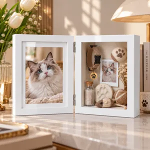 Open white frame showing a cat portrait beside a keepsake compartment filled with pet mementos